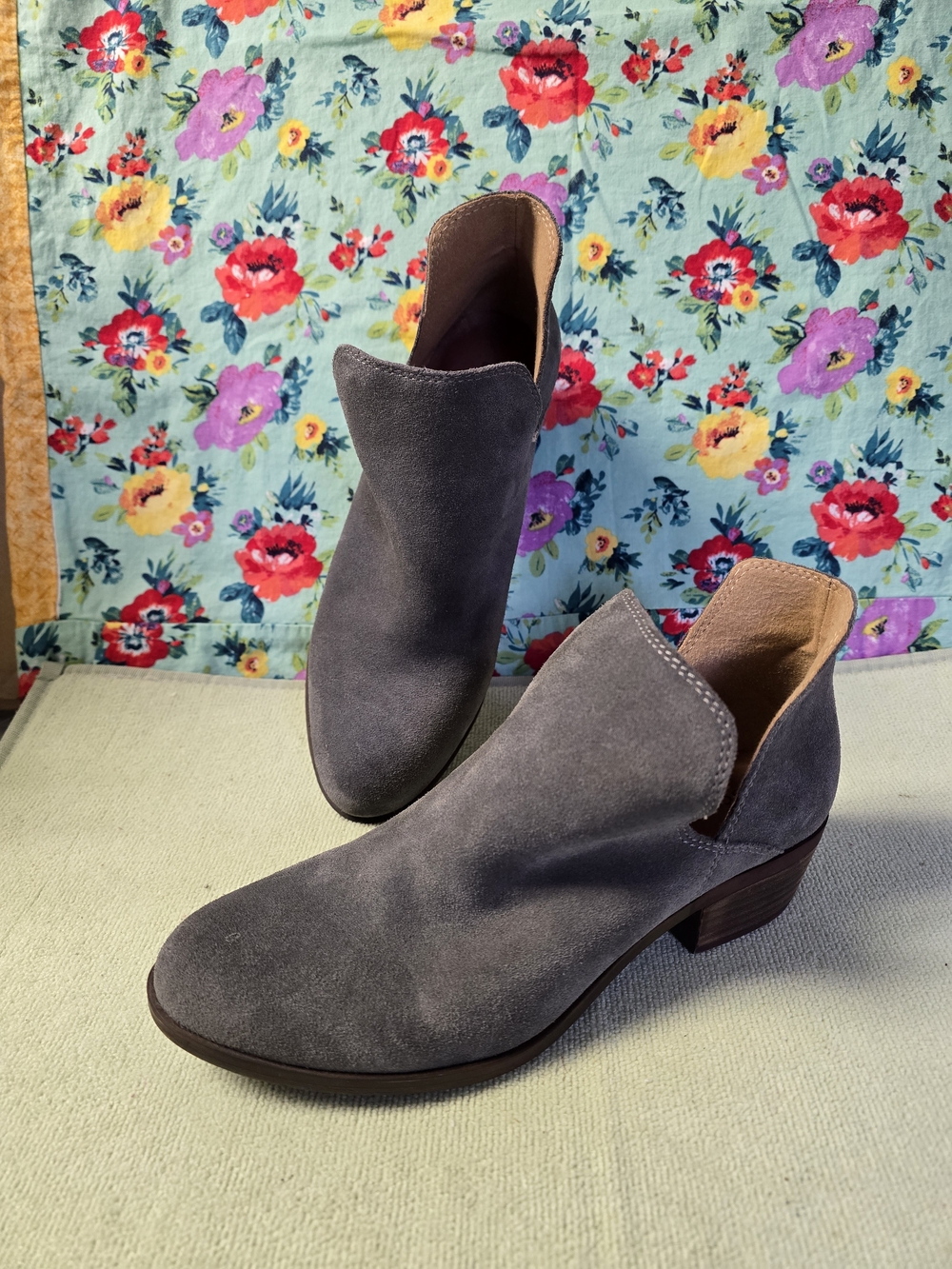 Lucky Brand Gray Suede Ankle Booties with Low Heel Boots